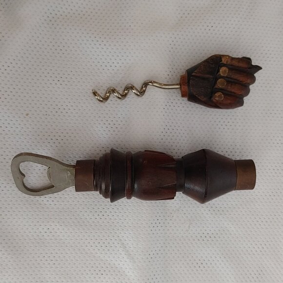 Vintage Figa Fist Wooden Handcrafted Bottle Opener and Corkscrew Set - Picture 1 of 6